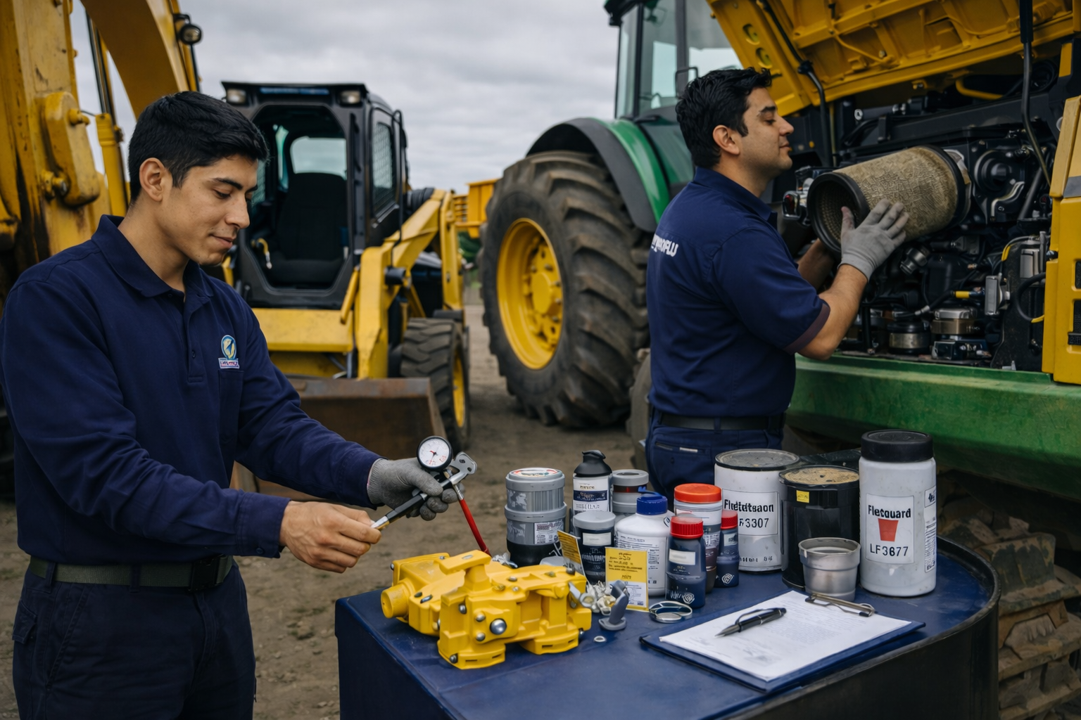 Técnicos trabajando en maquinaria pesada